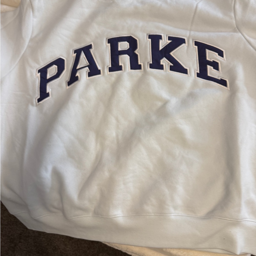 White Sweatshirt with Blue Lettering
